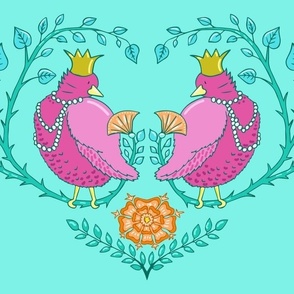 fat royal birds in a heart of branches | colorful | large