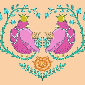 fat royal birds in a heart of branches | peach | large