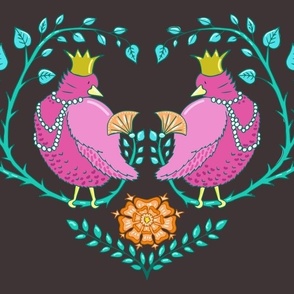 fat royal birds in a heart of branches | dark brown | large