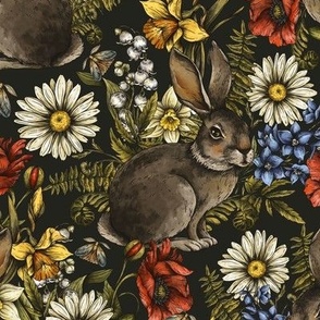 Woodland Floral Hare on Black