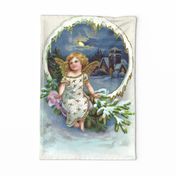 Vintage Christmas Angel, nostalgic girl, snow on green branches- Antique Nursery cutouts Tea Towel 