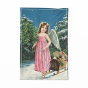 Vintage Christmas Angel, nostalgic girl with sledge,  snow on green branches- Antique Nursery cutouts Tea Towel