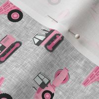 pink construction trucks - grey linen - C22