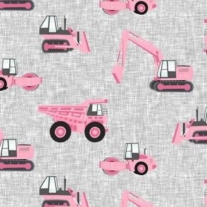 pink construction trucks - grey linen - C22