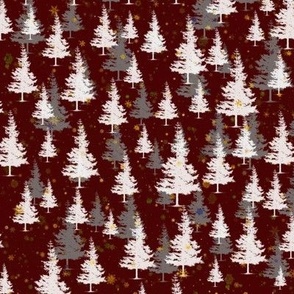 Winter forest on red background. Christmas tree