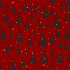Dark winter forest on red background. Christmas tree