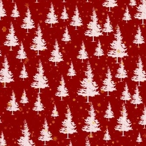 Winter forest on red background. Christmas tree
