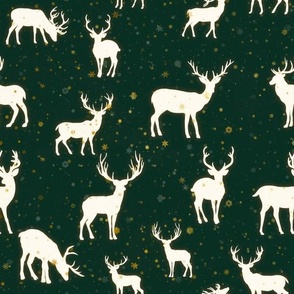 Reindeer and gold Snowflakes on green background	