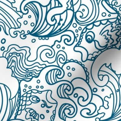 Japanese Patterns blue waves and fishes ethno design