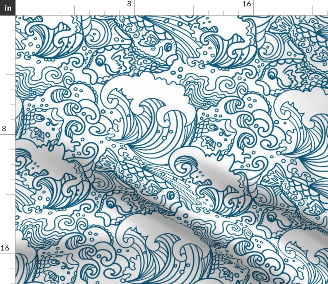 Japanese Patterns blue waves and fishes ethno design