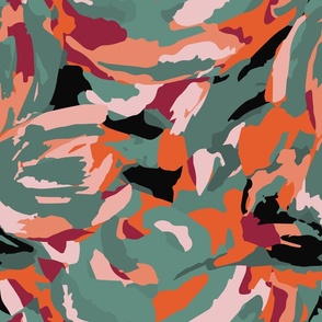 Modern camouflage, in green, peach, orange and black colors