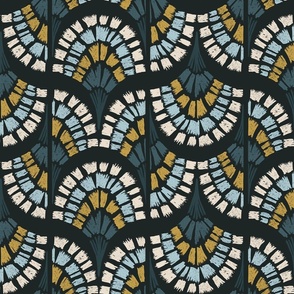 art deco two way cockle shell block print wavy scallop dark charcoal gold small scale