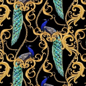 Baroque Style Golden Ornaments with B_ue and Turquoise Long Tail Peacocks