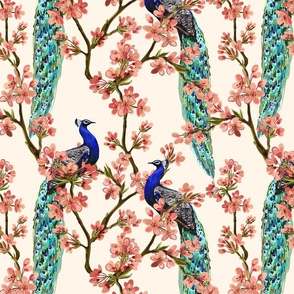 Regal Blue and Turquoise Peacock Birds on Cherry Blossom Tree Branches Animal Pattern