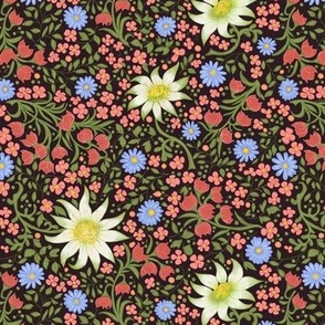 Liberty style Australian floral fabric with flannel flowers in bright spring colours, medium scale