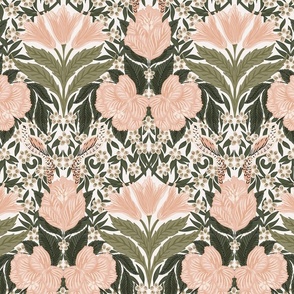 Humming bird paradise Victorian floral - vintage-pink, olive-green, beige and white // big scale