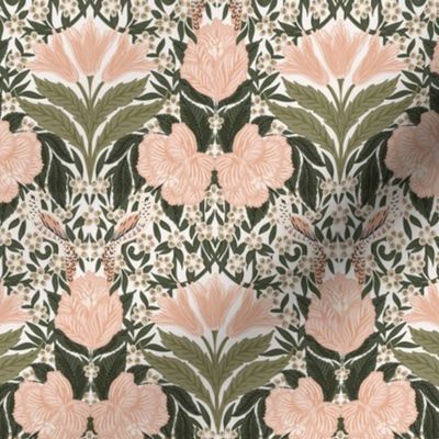 Humming bird paradise Victorian floral - vintage-pink, olive-green, beige and white // small scale