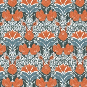 Humming bird paradise Victorian floral - orange, grey, teal-blue and white // medium scale