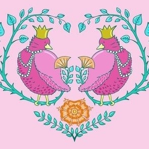 fat royal birds in a heart of branches | pink | medium