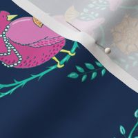 cute pink birds in a heart of branches | dark blue | medium
