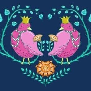 cute pink birds in a heart of branches | dark blue | medium