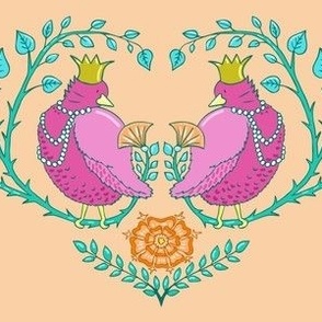 fat royal birds in a heart of branches | peach | medium