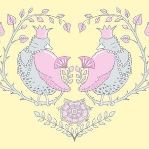 fat royal birds in a heart of branches | light yellow | medium