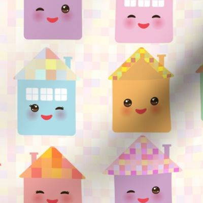 Funny happy house, kawaii face, smile, pink cheeks, big eyes.  pastel colors.