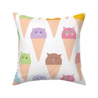 Ice cream waffle cone Kawaii funny cat muzzle with pink cheeks and winking eyes blue green lilac orange pastel colors