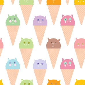 Ice cream waffle cone Kawaii funny cat muzzle with pink cheeks and winking eyes blue green lilac orange pastel colors