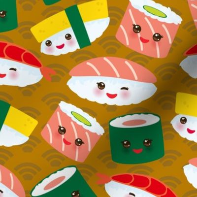 Kawaii funny sushi with pink cheeks and big eyes, emoji, brown mustard background