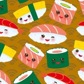Kawaii funny sushi with pink cheeks and big eyes, emoji, brown mustard background
