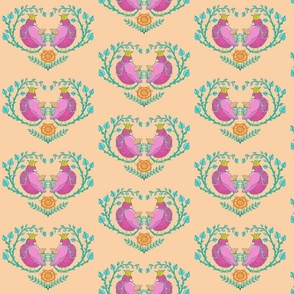 fat royal birds in a heart of branches | peach | small