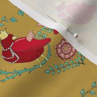 fat red birds in a heart of branches | gold | small