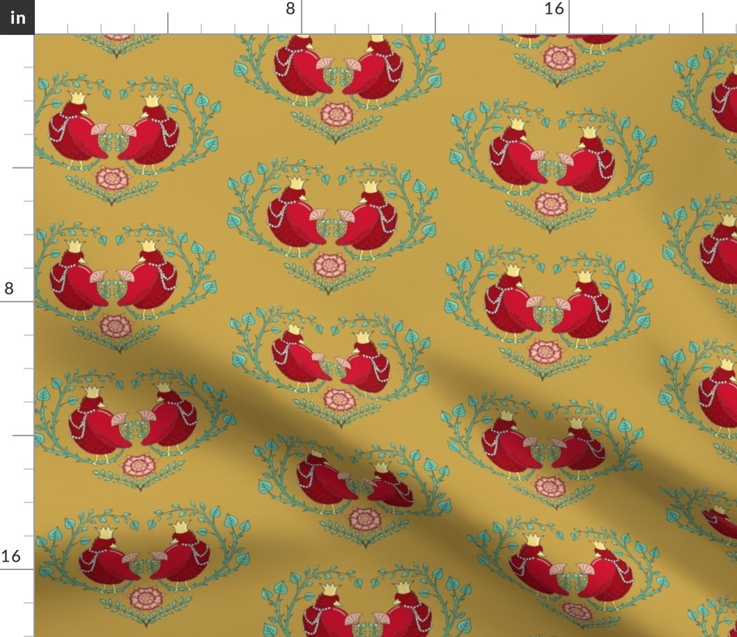 fat red birds in a heart of branches | gold | small