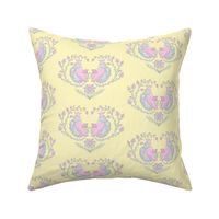 fat royal birds in a heart of branches | pastel yellow | small