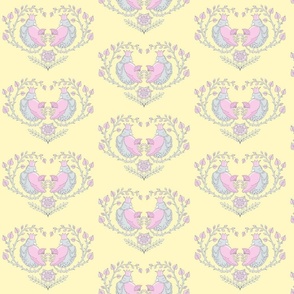 fat royal birds in a heart of branches | pastel yellow | small