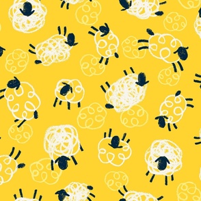 [Large] Scribbly Sheep - Yellow: Expressive hand drawn cute animal print