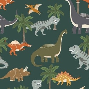 Nursery wallpaper for boys - Dinosaurs on Dark Green