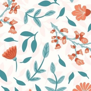 Cottage Garden Floral in Coral and Turquoise on White Background 24in Scale