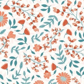 Cottage Garden Floral in Coral Pink and Teal on Light Background 12in Scale