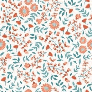 Ditsy Cottage Garden Floral in Coral Pink and Teal on Light Background