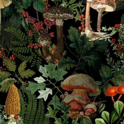 Mushroom Dance - Nostalgic Forest Psychadelic  Mushroom Kitchen Wallpaper, Vintage Edible Mushrooms Forest Fabric,  Antique Greenery, Fall Home Decor,  Woodland Harvest,black
