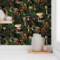 Mushroom Dance - Nostalgic Forest Psychadelic  Mushroom Kitchen Wallpaper, Vintage Edible Mushrooms Forest Fabric,  Antique Greenery, Fall Home Decor,  Woodland Harvest,black