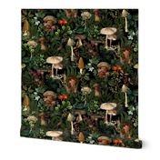 Mushroom Dance - Nostalgic Forest Psychadelic  Mushroom Kitchen Wallpaper, Vintage Edible Mushrooms Forest Fabric,  Antique Greenery, Fall Home Decor,  Woodland Harvest,black