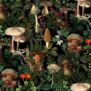 Mushroom Dance - Nostalgic Forest Psychadelic  Mushroom Kitchen Wallpaper, Vintage Edible Mushrooms Forest Fabric,  Antique Greenery, Fall Home Decor,  Woodland Harvest,black