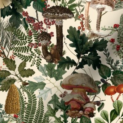 Mushroom Dance - Nostalgic Forest Psychadelic Mushroom Kitchen Wallpaper, Vintage Edible Mushrooms Forest Fabric,  Antique Greenery, Fall Home Decor,  Woodland Harvest,beige