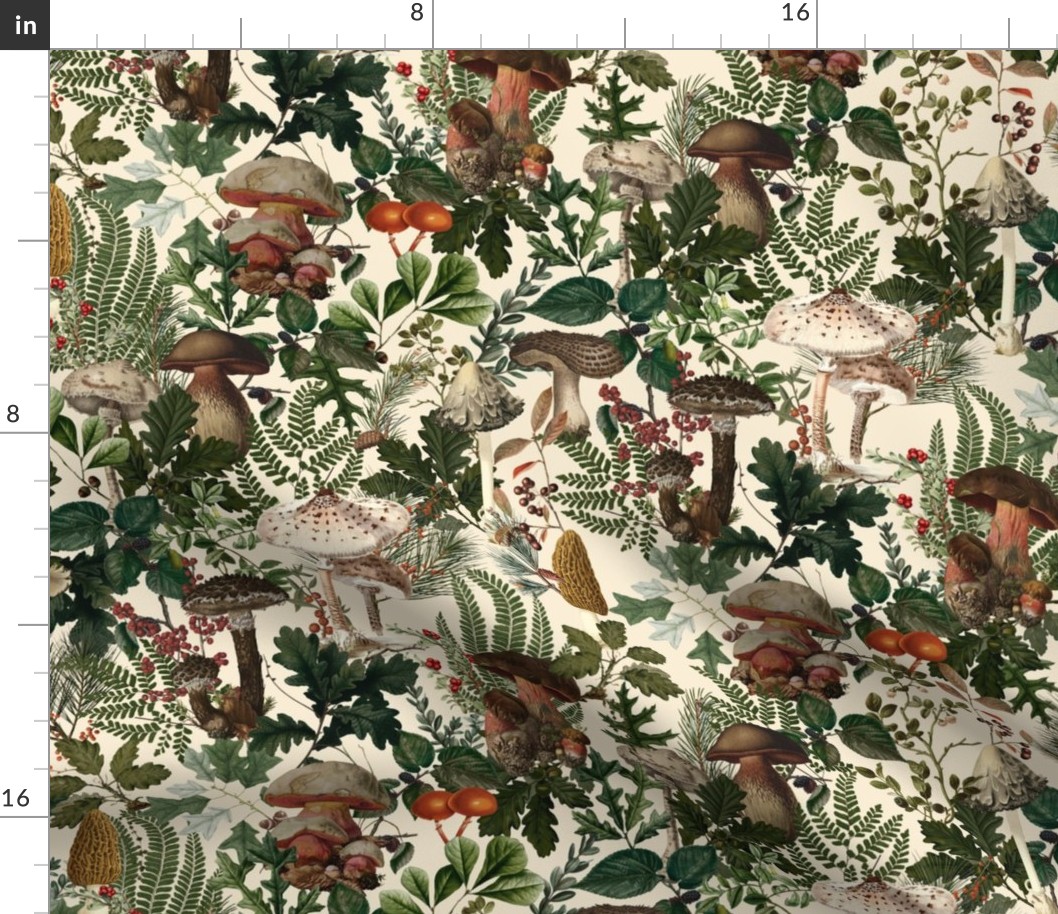 Mushroom Dance - Nostalgic Forest Psychadelic Mushroom Kitchen Wallpaper, Vintage Edible Mushrooms Forest Fabric,  Antique Greenery, Fall Home Decor,  Woodland Harvest,beige