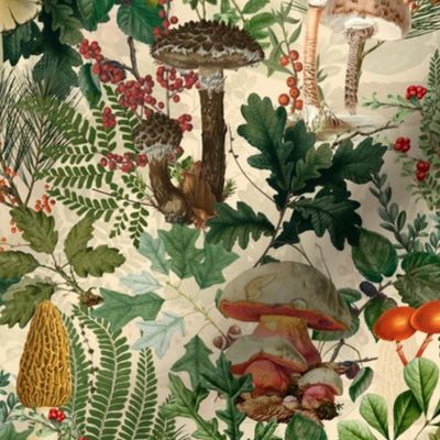Mushroom Dance - Nostalgic Forest Psychadelic Mushroom Kitchen Wallpaper, Vintage Edible Mushrooms Forest Fabric,  Antique Greenery, Fall Home Decor,  Woodland Harvest, beige double layer
