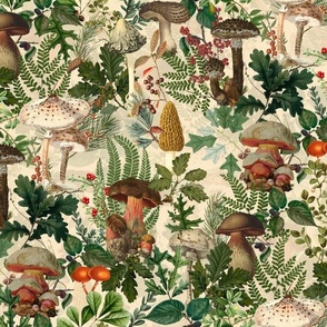 Mushroom Dance - Nostalgic Forest Psychadelic Mushroom Kitchen Wallpaper, Vintage Edible Mushrooms Forest Fabric,  Antique Greenery, Fall Home Decor,  Woodland Harvest, beige double layer